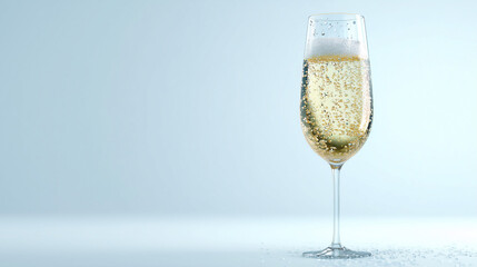 Elegant champagne glass with sparkling wine on a light neutral background in a minimalist studio style.