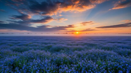 A beautiful orange sunset glows over a rural summer meadow, casting warm sunlight across the green grass and horizon under a vibrant evening sky filled with soft clouds