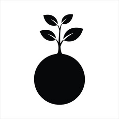 Simple black and white illustration of a plant sprouting from a sphere