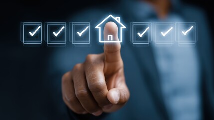 Man's finger touching a glowing house icon on a digital checklist interface