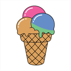 Colorful ice cream scoops stacked on a waffle cone illustration