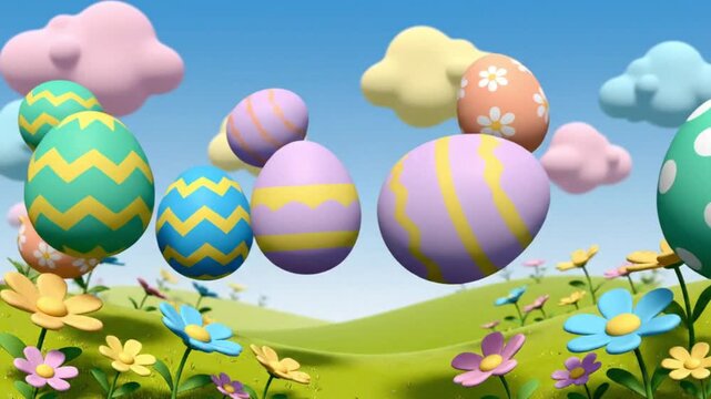 Colorful Easter eggs floating in a whimsical spring landscape