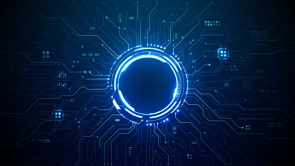 Fototapeten Farbiges Glas Glowing AI circuit portal with neon HUD elements and digital tech lines spreading across futuristic background. Sci-fi interface design with bright blue cyber patterns. Digital vector illustration.  © AntonKhrupinArt