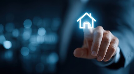 Man's finger touching a glowing house icon on a dark futuristic interface