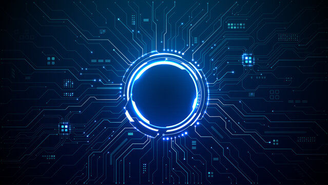 Glowing AI circuit portal with neon HUD elements and digital tech lines spreading across futuristic background. Sci-fi interface design with bright blue cyber patterns. Digital vector illustration.