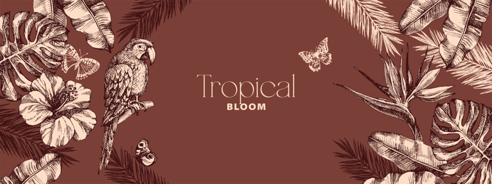 Vintage tropical background with exotic vibe. Parrot, tropical leaves, hibiscus, butterflies. Coffee, restaurant, food packaging, event decor concept. Hand drawn sketch vector illustration.