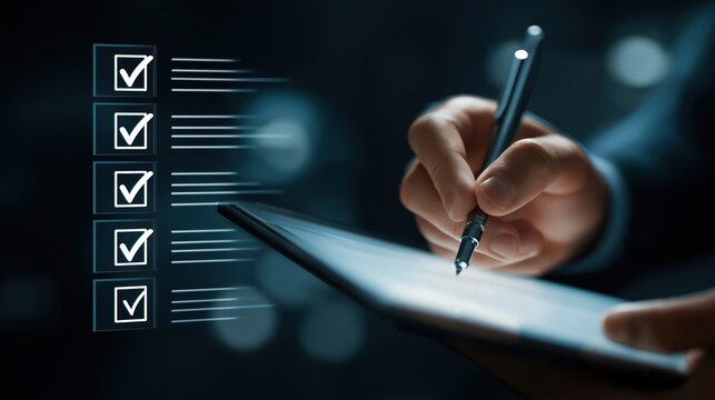 Business person checking off items on a digital checklist on a tablet screen - Powered by Adobe