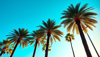Obraz premium Majestic royal palm trees stand tall against a vibrant blue sky, island, tall