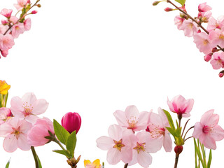 Delicate and vibrant clusters of pink cherry blossoms and budding branches with soft petals and green leaves gracefully frame a central space, presented in a, isolated on transparent background.