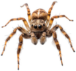 Highly detailed, furry brown jumping spider with prominent, reflective eyes and textured legs, is shown in a forward-facing pose with all eight legs extended,, isolated on transparent background.