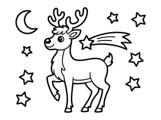 Fototapeta premium Cartoon Reindeer Under Starry Night Sky with Crescent Moon Illustration