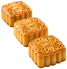 Delicious golden-brown traditional mooncakes with intricate floral patterns embossed on their surfaces, crafted from a delicate pastry dough, are arranged in a, isolated on transparent background.