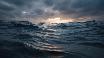 A dramatic moody sunset unfolds over the vast choppy ocean surface with golden light breaking through heavy overcast clouds reflecting on the water