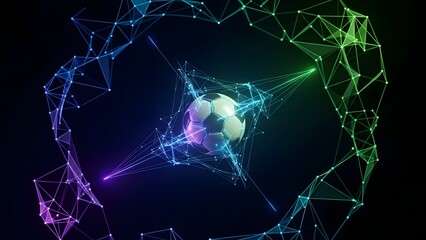 Abstract Digital Soccer Ball with Neon Network Connections and Data Flow Visualization