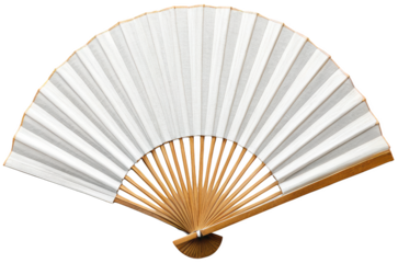 Elegant, partially-opened hand fan constructed from thin, ribbed paper or fabric and sturdy wooden sticks, displaying a classic semicircular shape and natural, isolated on transparent background.
