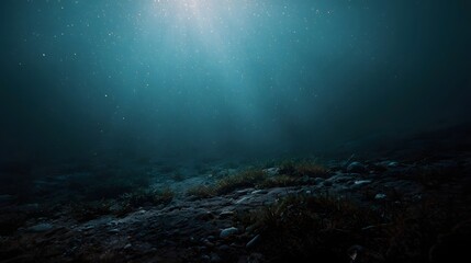 Obraz premium Sunbeams pierce the deep blue water illuminating particles above a rocky grassy seabed