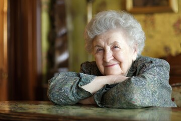 Happy Elderly Woman Relaxing at Home in Vintage Room Setting.