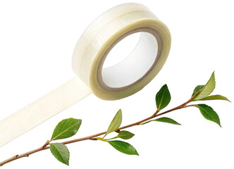 Translucent, slightly curled roll of clear adhesive tape made of polypropylene film with a subtle sheen, rests diagonally across a small branch with vibrant, isolated on transparent background.