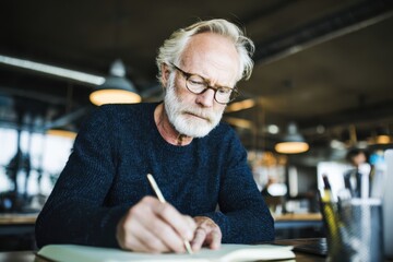 Focused Senior Man Writing in Modern Office Setting with Pen and Notebook.