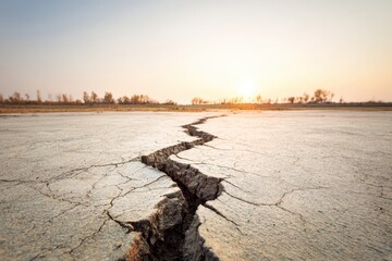 Cracked Earth Landscape at Sunset Reflecting Climate Change and Drought Effects.