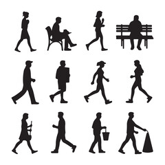 People Walking Silhouettes Set &ndash; Men and Women Daily Activities Black Vector