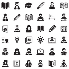 Education and Online Learning Icons Set with Students, Books and Graduation Symbols Vector