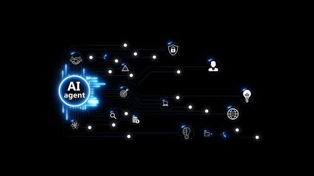 AI agent businessman working with virtual reality interface, illustrating multi-agent artificial intelligence systems, automated decision making and workflow optimization on black background