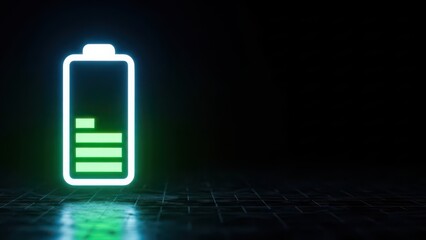Neon battery icon with low charge level glowing green against a dark background