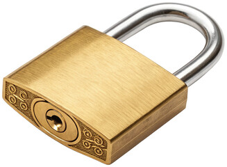 Highly detailed, robust brass padlock with a polished metallic sheen and intricate decorative engravings around the keyhole, is presented in a slightly angled, isolated on transparent background.