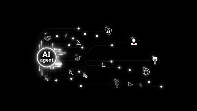AI agent businessman working with virtual reality interface, illustrating multi-agent artificial intelligence systems, automated decision making and workflow optimization on black background