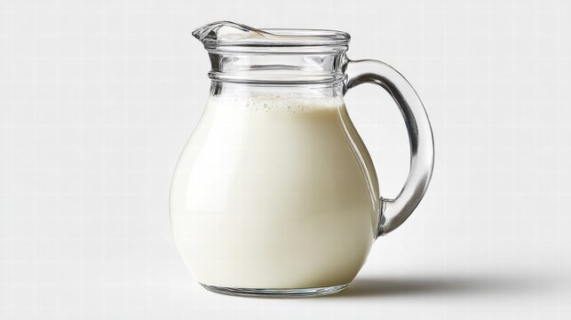 A glass pitcher filled with fresh milk on a white background.