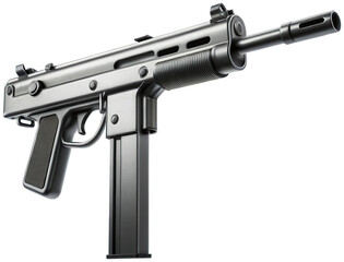 Sleek, dark gray metallic MP5 submachine gun with a textured pistol grip and visible barrel threading, presented in a slightly angled view showcasing its compact, isolated on transparent background.