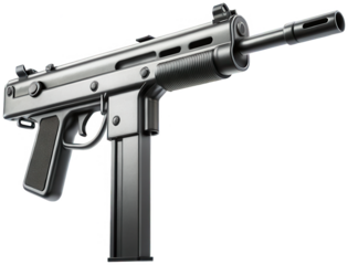 Sleek, dark gray metallic MP5 submachine gun with a textured pistol grip and visible barrel threading, presented in a slightly angled view showcasing its compact, isolated on transparent background.