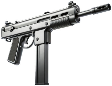 Sleek, dark gray metallic MP5 submachine gun with a textured pistol grip and visible barrel threading, presented in a slightly angled view showcasing its compact, isolated on transparent background.