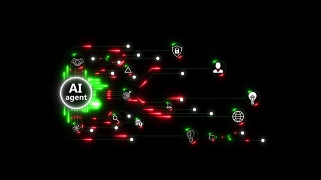 AI agent businessman working with virtual reality interface, illustrating multi-agent artificial intelligence systems, automated decision making and workflow optimization on black background