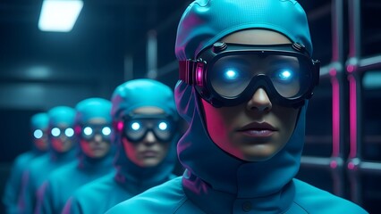 Row of futuristic humanoid robots with glowing eyes and blue suits in a high-tech environment