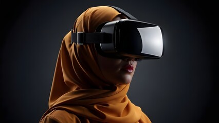 Woman wearing orange hijab using black virtual reality headset against dark background