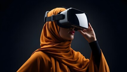 Woman Wearing Orange Hijab Using Virtual Reality Headset Against Dark Background