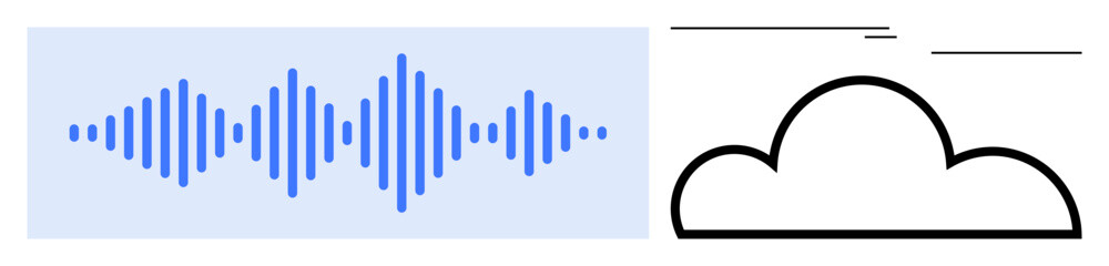 Obraz premium Blue soundwave beside a black minimal cloud outline signifies audio data, cloud storage, and digital communication. Ideal for technology, communication, streaming, voice recognition, cloud computing
