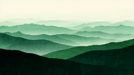 Abstract Serene, layered mountain landscape with rolling peaks shrouded in a soft, ethereal mist.