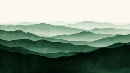 A breathtaking mountain landscape features snowy peaks and a lush forest valley under a serene blue sky at sunrise, with misty clouds and fog rolling over the horizon at dawn