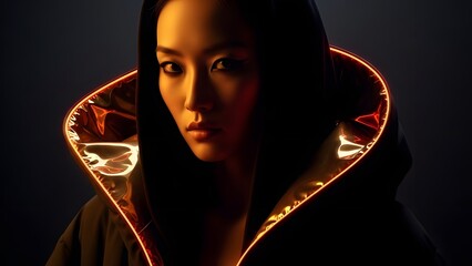 Woman with glowing hooded jacket in dark background orange