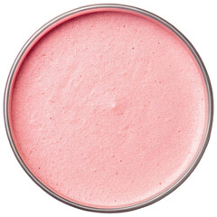 Smooth, vibrant pink strawberry puree contained within a silver metallic cylindrical container, presenting a slightly textured surface with visible seeds, softly, isolated on transparent background.