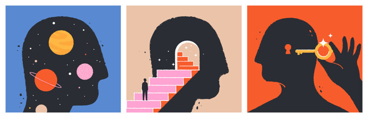 Mental health, psychology, human mind. Abstract illustrations of inner world, self-discovery journey, unlocking ideas. Thinking, imagination, open mind, creativity concept. Isolated vector set © everything bagel