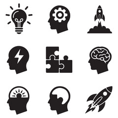 Creative Thinking and Innovation Icons Set with Human Head, Brain and Idea Symbols Vector