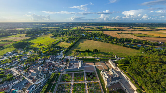 Aerial view of the Loire River Valley and the Chateau de Chaumont, with its formal gardens and surrounding lush landscape, Chaumont-sur-Loire, Centre-Val de Loire, France.