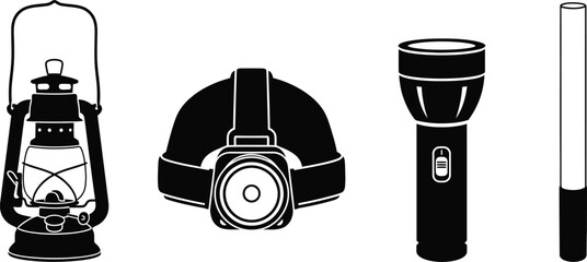 Silhouette vector set of 4 camping light sources kerosene lantern headlamp flashlight and glow stick