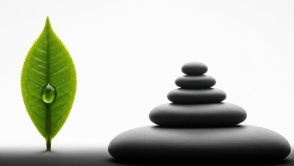 Obraz premium Fresh green leaf with water droplet next to stack of smooth zen stones for calm settings