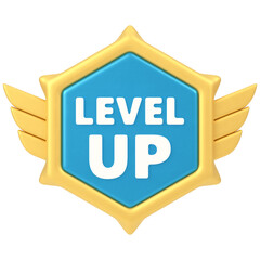 Level Up Badge 3d render icon in cartoon plastic style minimal isolated on transparent white background	
