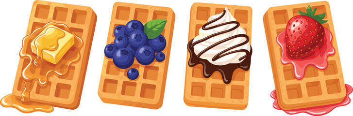 Delicious sweet waffles topped with butter, blueberries, whipped cream, chocolate drizzle, and fresh strawberry syrup illustration